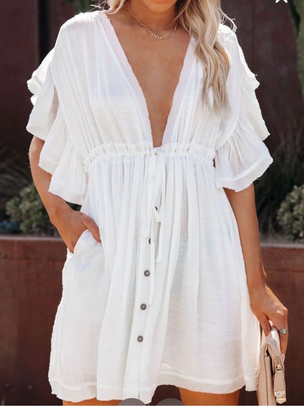 White V-Neck Ruffle Sleeve Mini Dress